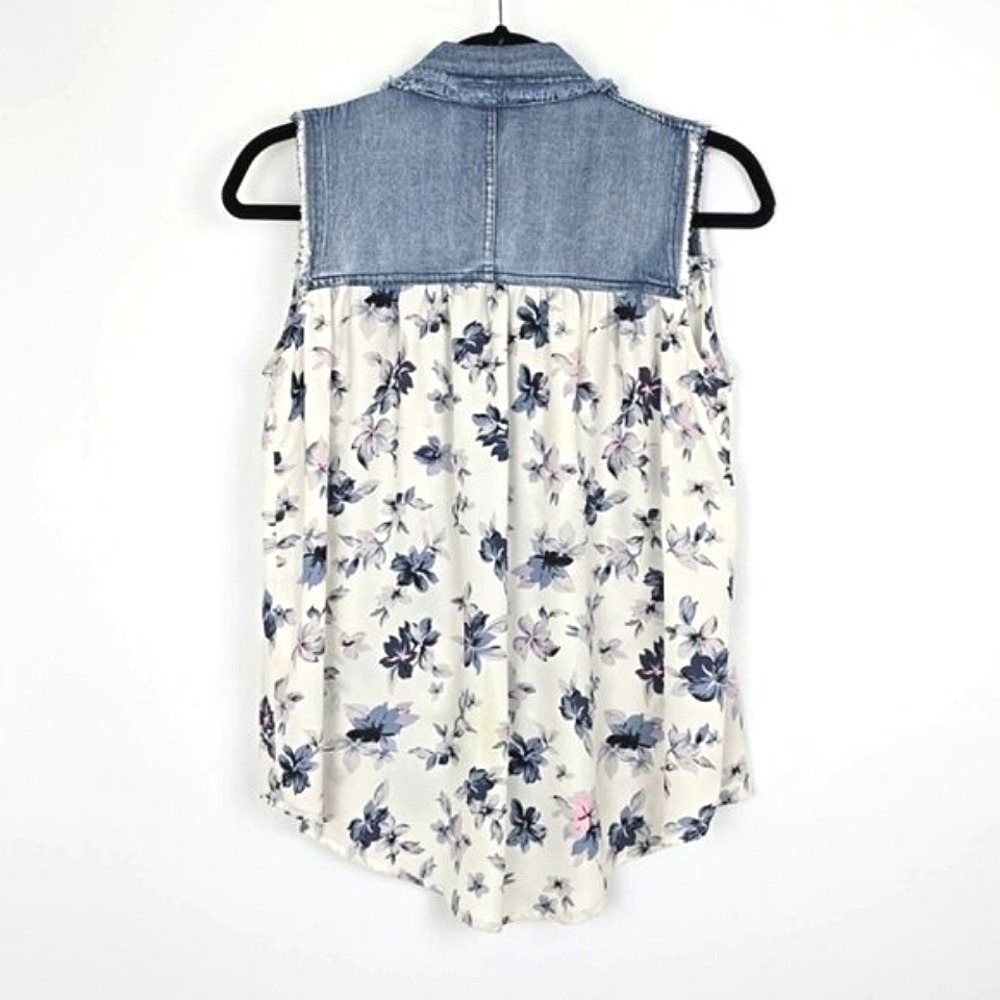 Papillon Women's Denim Yoke Semi Sheer Floral Sleeveless Blouse Blue XS - Picture 2 of 8